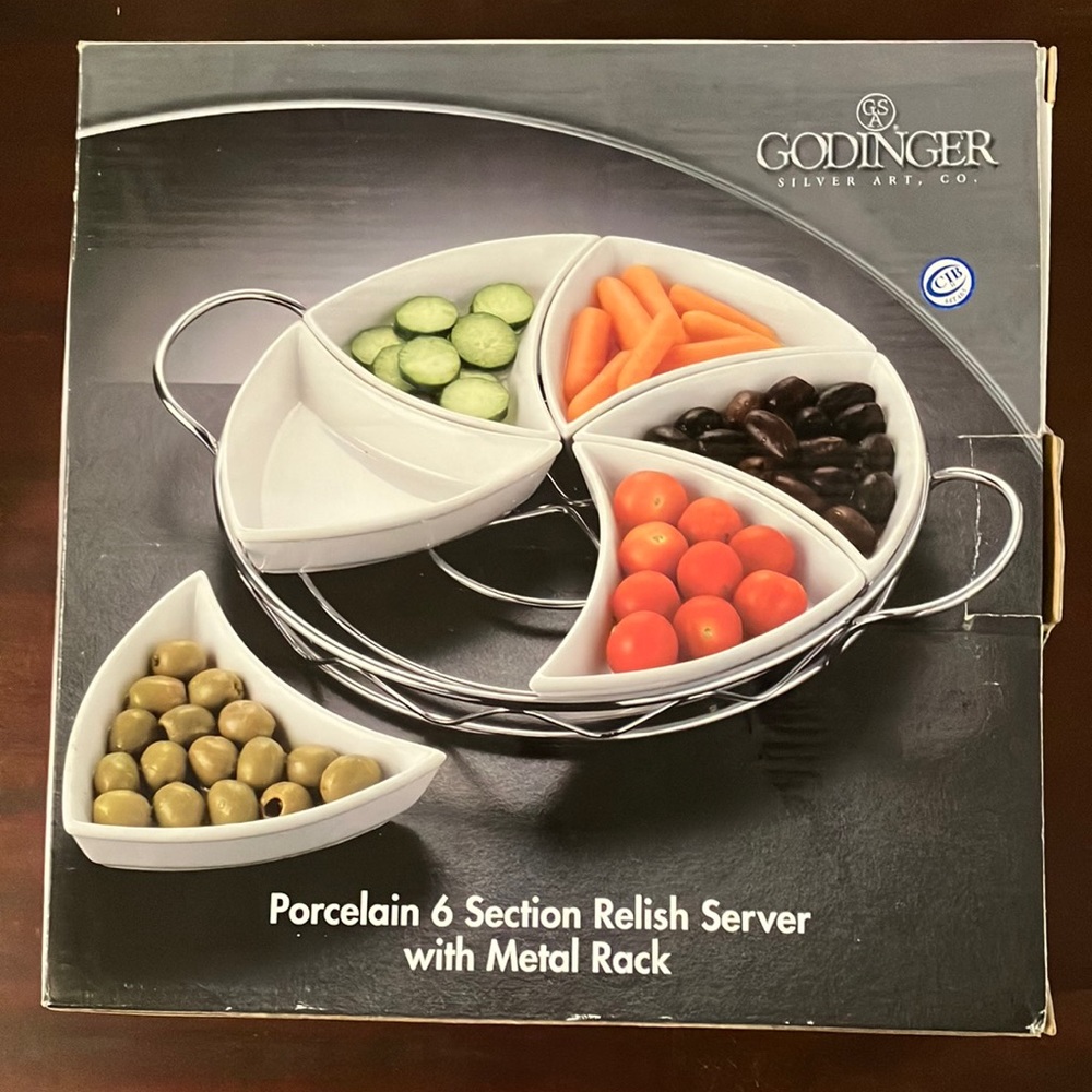 Godinger Porcelain 6 Section Relish Server with Metal Rack